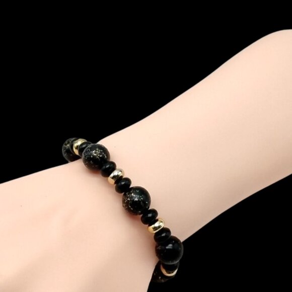 Black Beaded Stretch Bracelet with Gold Accents - Boho Chic Statement Jewelry - Picture 2 of 11